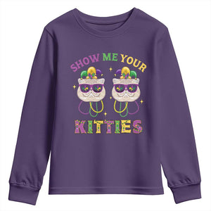Mardi Gras Youth Sweatshirt Show Me Your Kitties Cute Cat Masked Jester Hat Bead TS09 Purple Print Your Wear