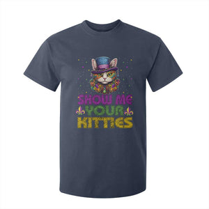 Mardi Gras T Shirt For Kid Show Me Your Kitties Cool Cat Jester Hat Bead TS09 Navy Print Your Wear