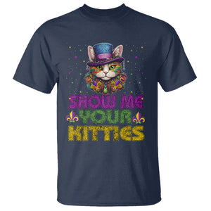 Mardi Gras T Shirt Show Me Your Kitties Cool Cat Jester Hat Bead TS09 Navy Printyourwear