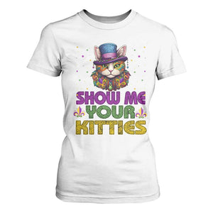 Mardi Gras T Shirt For Women Show Me Your Kitties Cool Cat Jester Hat Bead TS09 White Print Your Wear