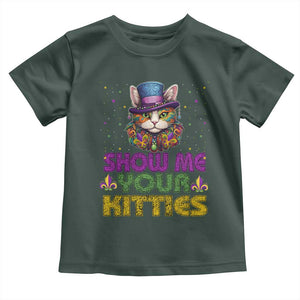 Mardi Gras Toddler T Shirt Show Me Your Kitties Cool Cat Jester Hat Bead TS09 Dark Forest Green Print Your Wear