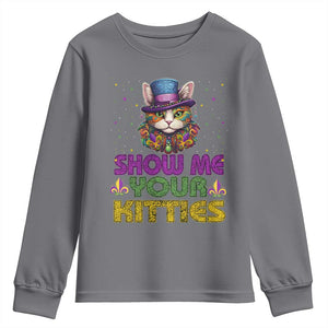 Mardi Gras Youth Sweatshirt Show Me Your Kitties Cool Cat Jester Hat Bead TS09 Charcoal Print Your Wear