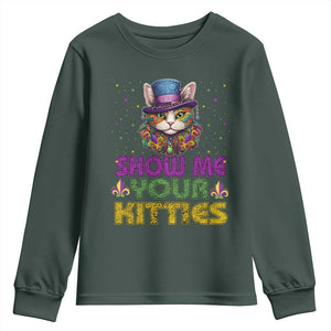 Mardi Gras Youth Sweatshirt Show Me Your Kitties Cool Cat Jester Hat Bead TS09 Dark Forest Green Print Your Wear