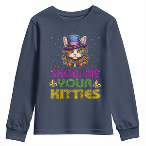 Mardi Gras Youth Sweatshirt Show Me Your Kitties Cool Cat Jester Hat Bead TS09 Navy Print Your Wear