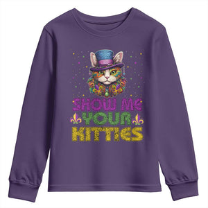 Mardi Gras Youth Sweatshirt Show Me Your Kitties Cool Cat Jester Hat Bead TS09 Purple Print Your Wear