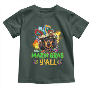 Mardi Gras Y'all Dachshund Dog With Beads Colorful Toddler T Shirt TS09 Dark Forest Green Print Your Wear