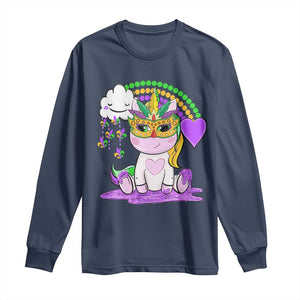 Mardi Gras Cute Unicorn Beads Rainbow Fleur De Lis Long Sleeve Shirt TS09 Navy Print Your Wear