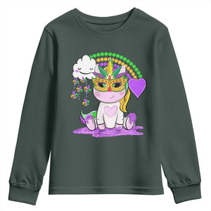 Mardi Gras Cute Unicorn Beads Rainbow Fleur De Lis Youth Sweatshirt TS09 Dark Forest Green Print Your Wear