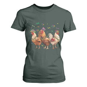 Mardi Gras Funny Farmer Jester Chicken Beads T Shirt For Women TS09 Dark Forest Green Print Your Wear