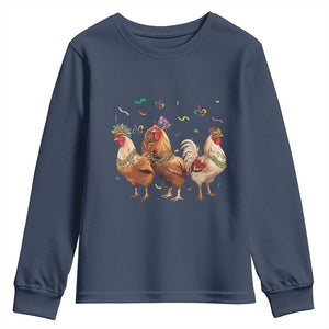 Mardi Gras Funny Farmer Jester Chicken Beads Youth Sweatshirt TS09 Navy Print Your Wear