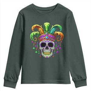 Mardi Gras Beads Sugar Skull Fat Tuesday New Orleans Youth Sweatshirt TS09 Dark Forest Green Print Your Wear