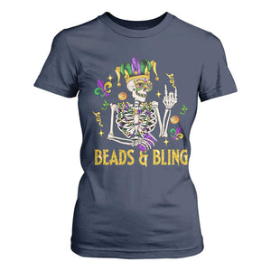 Mardi Gras Funny Skeleton Beads And Bling T Shirt For Women TS09 Navy Print Your Wear