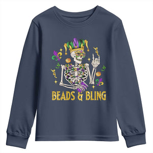 Mardi Gras Funny Skeleton Beads And Bling Youth Sweatshirt TS09 Navy Print Your Wear