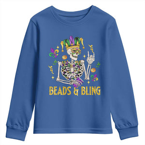 Mardi Gras Funny Skeleton Beads And Bling Youth Sweatshirt TS09 Royal Blue Print Your Wear