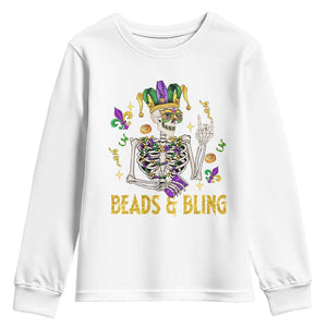 Mardi Gras Funny Skeleton Beads And Bling Youth Sweatshirt TS09 White Print Your Wear