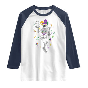 Mardi Gras Funny Jester Skeleton Dancing With Cat Raglan Shirt TS09 White Navy Print Your Wear