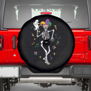 Mardi Gras Funny Jester Skeleton Dancing With Cat Spare Tire Cover TS09 Black Print Your Wear