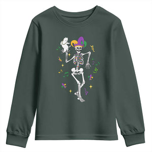 Mardi Gras Funny Jester Skeleton Dancing With Cat Youth Sweatshirt TS09 Dark Forest Green Print Your Wear
