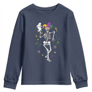 Mardi Gras Funny Jester Skeleton Dancing With Cat Youth Sweatshirt TS09 Navy Print Your Wear