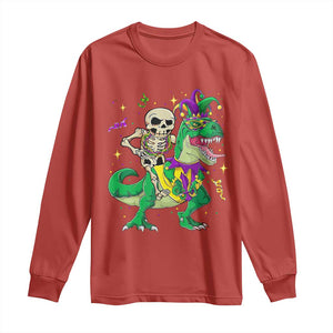Mardi Gras Funny Skeleton On Dinosaur Jester Beads Long Sleeve Shirt TS09 Red Print Your Wear