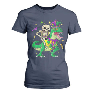Mardi Gras Funny Skeleton On Dinosaur Jester Beads T Shirt For Women TS09 Navy Print Your Wear