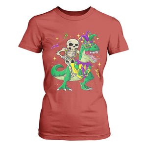 Mardi Gras Funny Skeleton On Dinosaur Jester Beads T Shirt For Women TS09 Red Print Your Wear