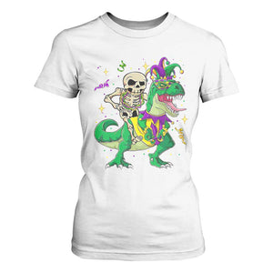 Mardi Gras Funny Skeleton On Dinosaur Jester Beads T Shirt For Women TS09 White Print Your Wear