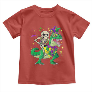 Mardi Gras Funny Skeleton On Dinosaur Jester Beads Toddler T Shirt TS09 Red Print Your Wear