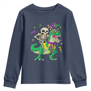 Mardi Gras Funny Skeleton On Dinosaur Jester Beads Youth Sweatshirt TS09 Navy Print Your Wear