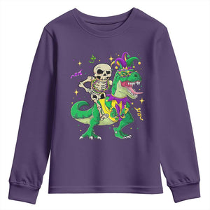 Mardi Gras Funny Skeleton On Dinosaur Jester Beads Youth Sweatshirt TS09 Purple Print Your Wear