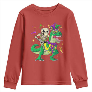 Mardi Gras Funny Skeleton On Dinosaur Jester Beads Youth Sweatshirt TS09 Red Print Your Wear