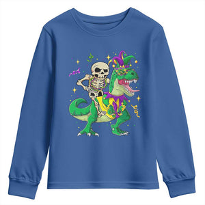 Mardi Gras Funny Skeleton On Dinosaur Jester Beads Youth Sweatshirt TS09 Royal Blue Print Your Wear