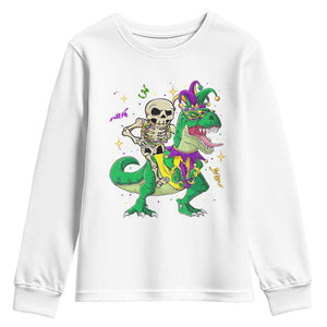 Mardi Gras Funny Skeleton On Dinosaur Jester Beads Youth Sweatshirt TS09 White Print Your Wear