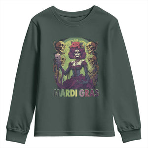 Mardi Gras Youth Sweatshirt Voodoo Queen Skeleton Witch Creepy Skull TS09 Dark Forest Green Print Your Wear