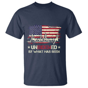 Trump 2025 T Shirt Pun Unbidened By What Has Been American Flag TS09 Navy Print Your Wear