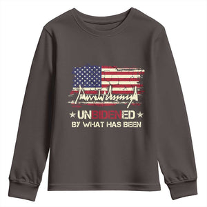 Trump 2025 Youth Sweatshirt Pun Unbidened By What Has Been American Flag TS09 Dark Chocolate Print Your Wear