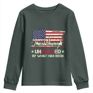 Trump 2025 Youth Sweatshirt Pun Unbidened By What Has Been American Flag TS09 Dark Forest Green Print Your Wear