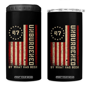 Trump 2025 4 in 1 Can Cooler Tumbler Unburdened By What Has Been American Flag TS09 One Size: 16 oz Black Print Your Wear