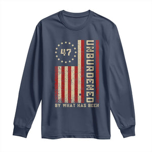 Trump 2025 Long Sleeve Shirt Unburdened By What Has Been American Flag TS09 Navy Print Your Wear