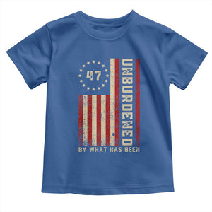 Trump 2025 Toddler T Shirt Unburdened By What Has Been American Flag TS09 Royal Blue Print Your Wear