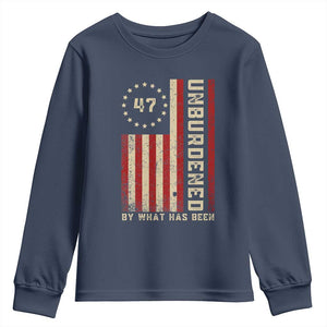 Trump 2025 Youth Sweatshirt Unburdened By What Has Been American Flag TS09 Navy Print Your Wear