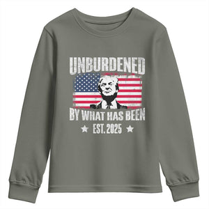 Trump 47 Youth Sweatshirt Unburdened By What Has Been Est 2025 TS09 Military Green Print Your Wear