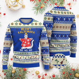 Hawaiian Xmas Cute Cat Ugly Christmas Sweater Meowy Kalikimaka Hawaiian Cat Ho Ho Ho Xmas Tree TS09 Blue Print Your Wear