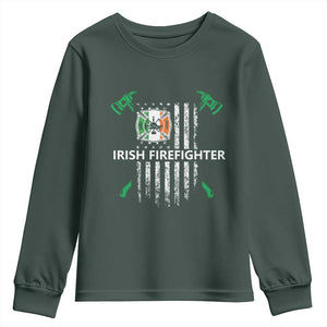 Irish Firefighter Fir Na Tine Man Of Fire Youth Sweatshirt Irish American Flag TS09 Dark Forest Green Print Your Wear