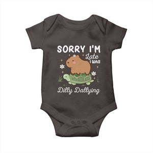 Funny Sorry I'm Late I Was Dilly Dallying Baby Onesie Cute Capybara and Turtle TS09 Dark Chocolate Print Your Wear