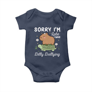 Funny Sorry I'm Late I Was Dilly Dallying Baby Onesie Cute Capybara and Turtle TS09 Navy Print Your Wear