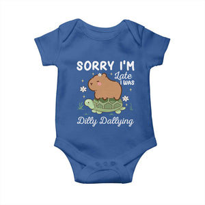Funny Sorry I'm Late I Was Dilly Dallying Baby Onesie Cute Capybara and Turtle TS09 Royal Blue Print Your Wear