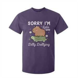 Funny Sorry I'm Late I Was Dilly Dallying T Shirt For Kid Cute Capybara and Turtle TS09 Purple Print Your Wear