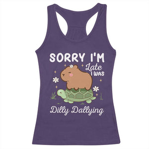 Funny Sorry I'm Late I Was Dilly Dallying Racerback Tank Top Cute Capybara and Turtle TS09 Purple Print Your Wear