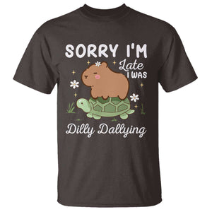 Funny Sorry I'm Late I Was Dilly Dallying T Shirt Cute Capybara and Turtle TS09 Dark Chocolate Print Your Wear